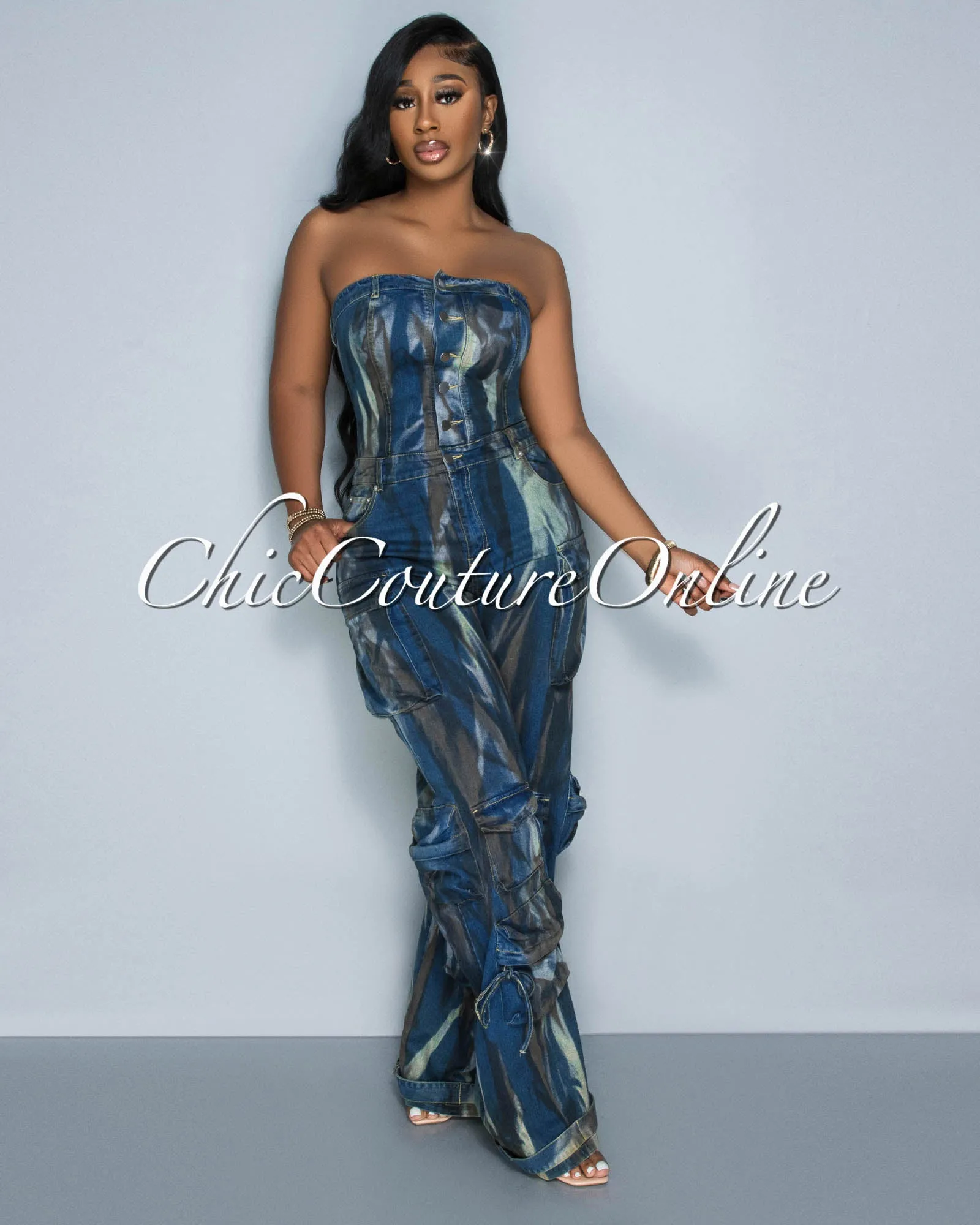 Whitney Dark Denim Strapless Cargo Tie-Dye Jumpsuit sold by Chic Couture product image thumbnail 5