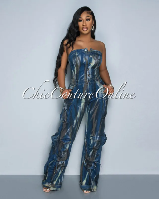 Whitney Dark Denim Strapless Cargo Tie-Dye Jumpsuit sold by Chic Couture