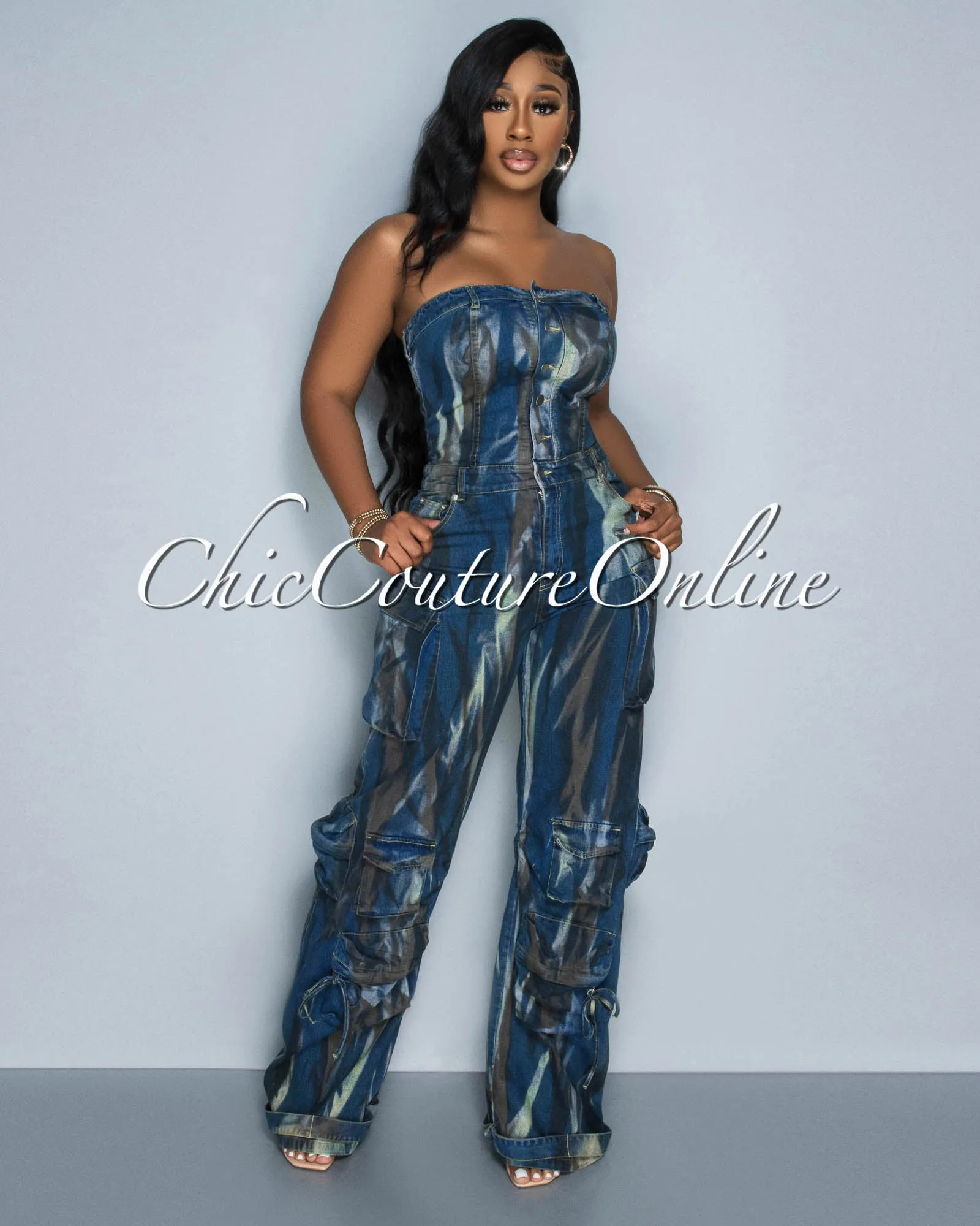 Whitney Dark Denim Strapless Cargo Tie-Dye Jumpsuit sold by Chic Couture product image thumbnail 2