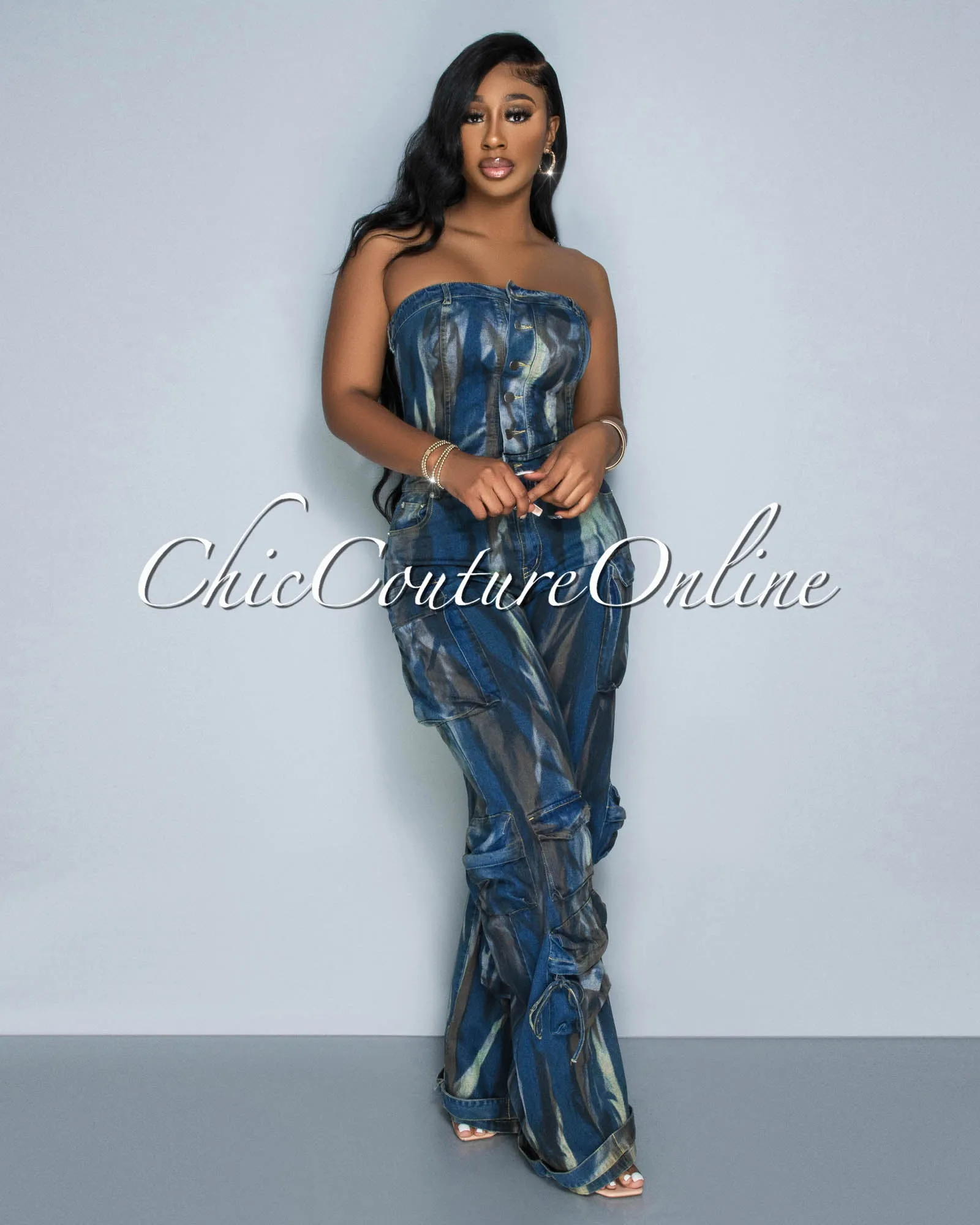Whitney Dark Denim Strapless Cargo Tie-Dye Jumpsuit sold by Chic Couture product image thumbnail 3