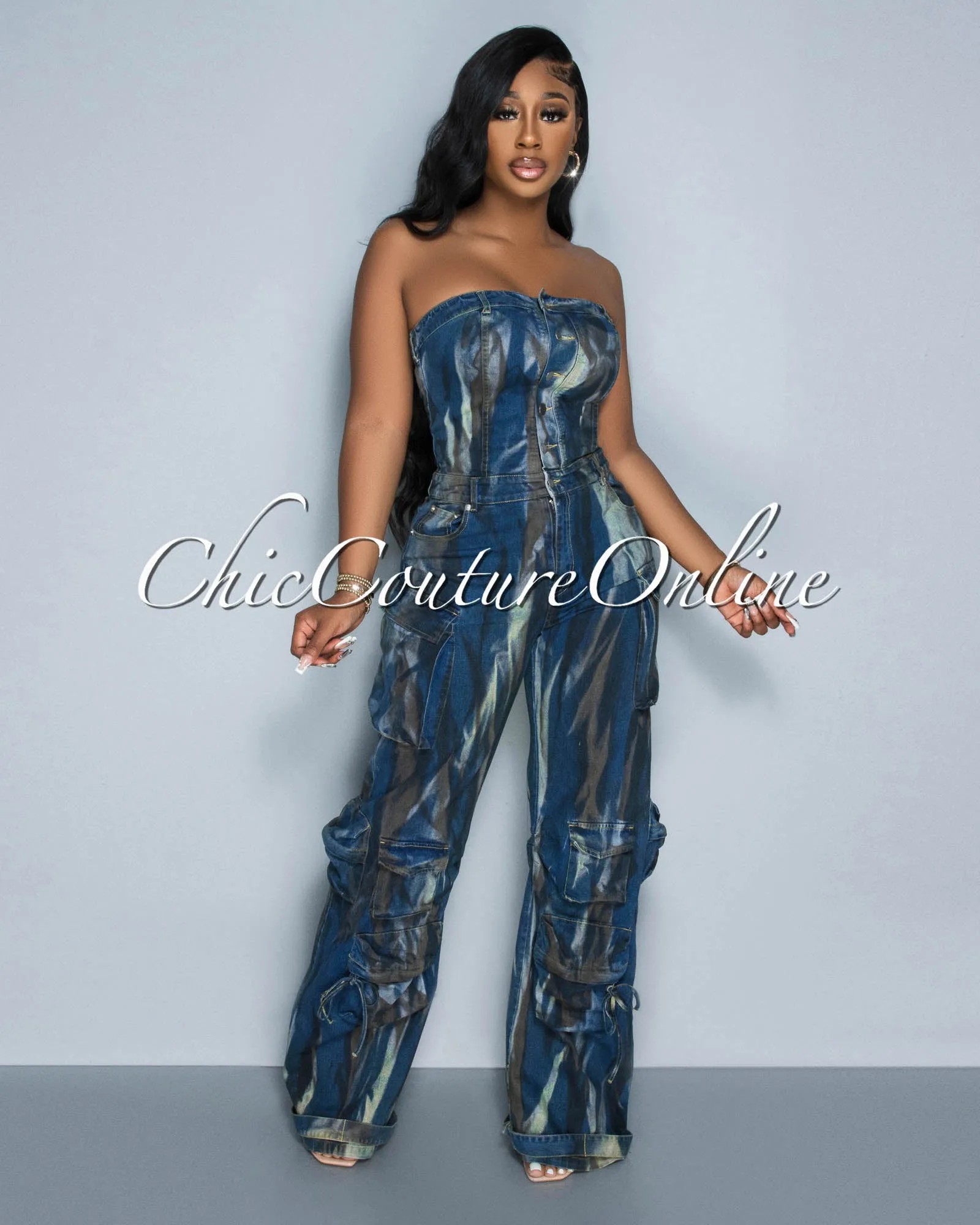 Whitney Dark Denim Strapless Cargo Tie-Dye Jumpsuit sold by Chic Couture product image thumbnail 4