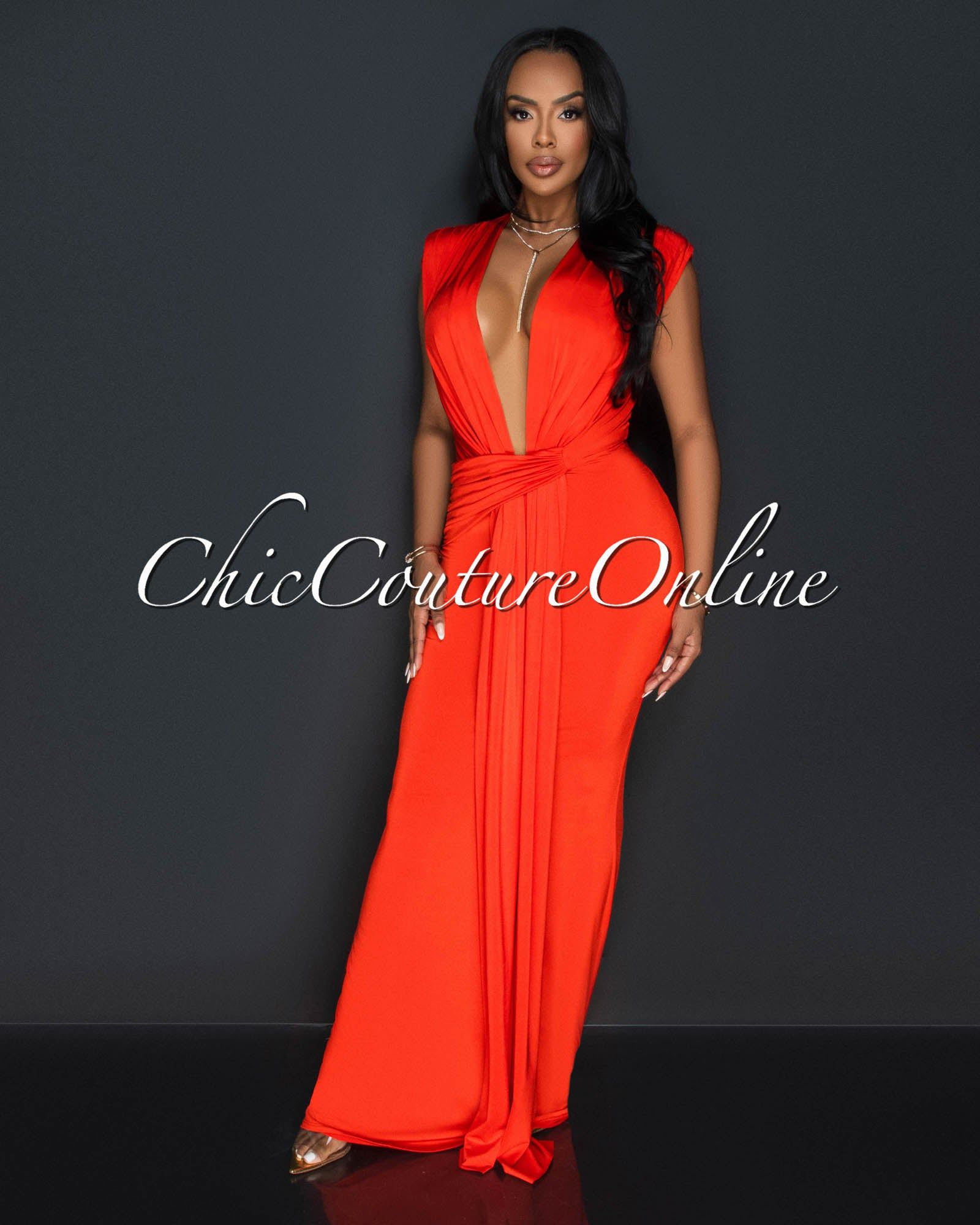 Moriko Red Deep V-Neck Front Maxi Dress sold by Chic Couture product image thumbnail 2