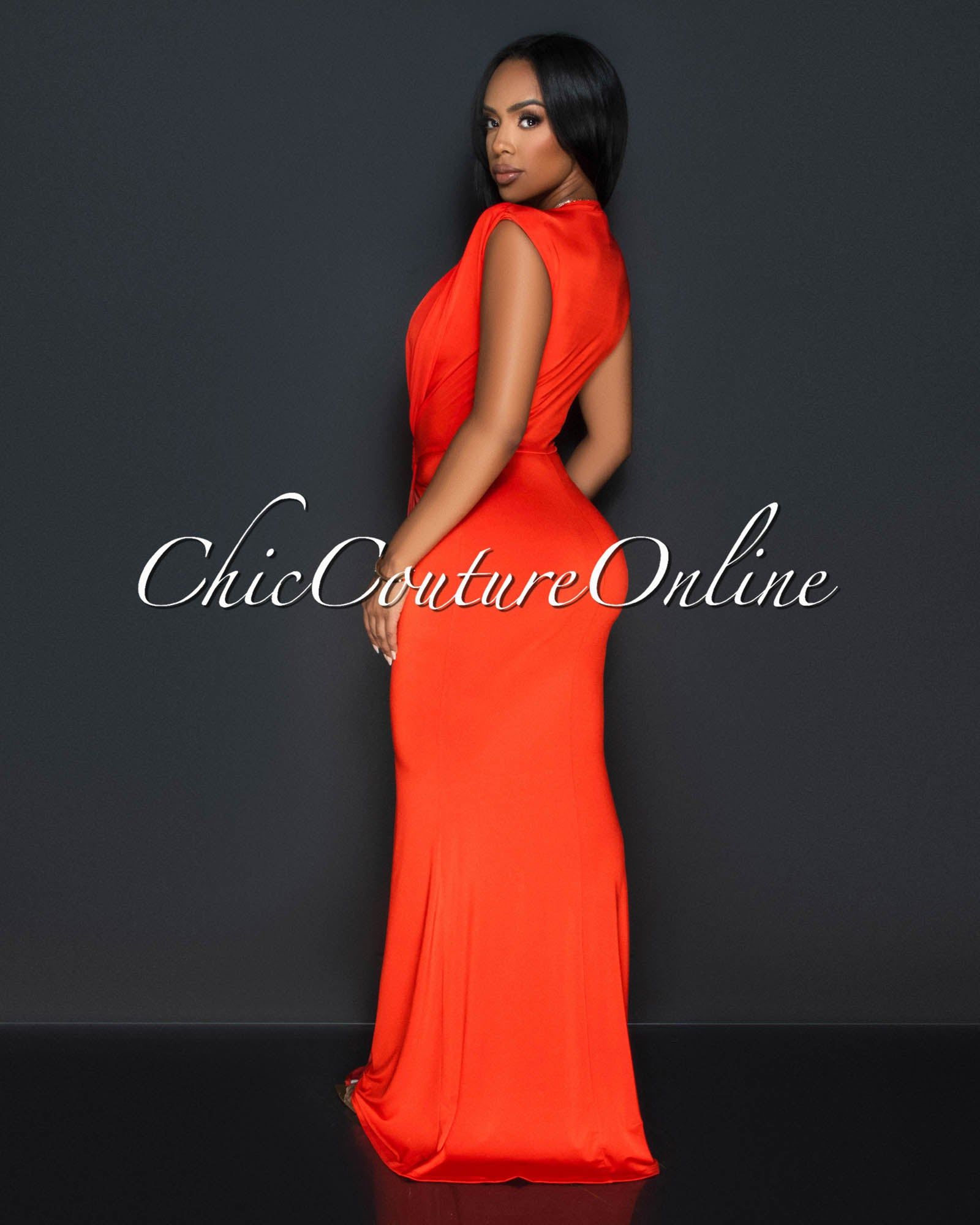 Moriko Red Deep V-Neck Front Maxi Dress sold by Chic Couture product image thumbnail 3