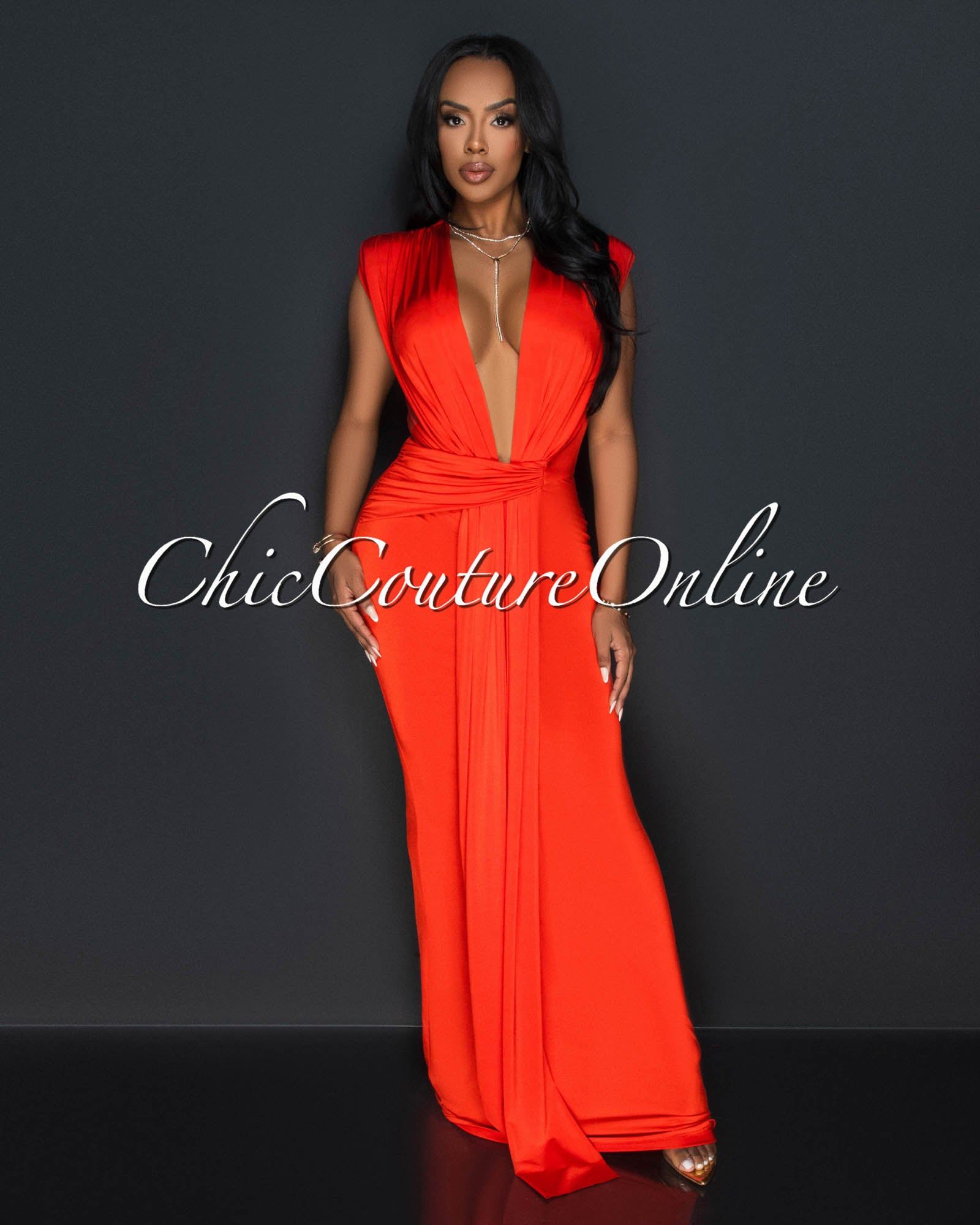 Moriko Red Deep V-Neck Front Maxi Dress sold by Chic Couture