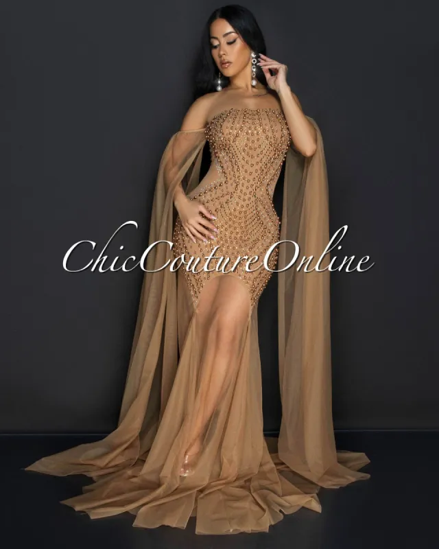 Antoinette Mocha Rhinestones Strapless ULTRA-LUXE Gown sold by Chic Couture