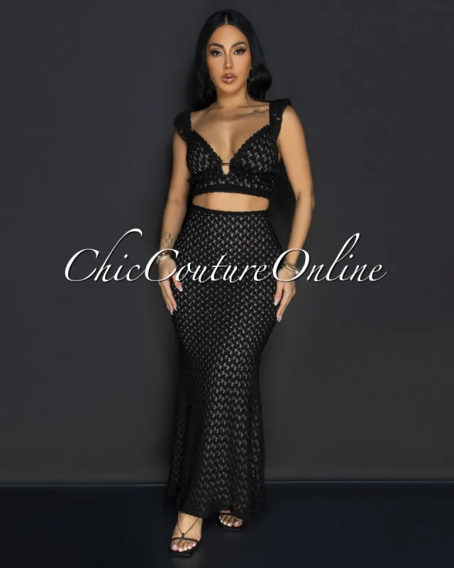 Miu Black Lace Ruffle Top & Skirt Two Piece Set sold by Chic Couture