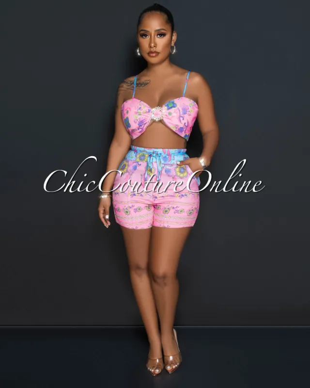 Hamar Pink Multi-Color Print Crop Top & Shorts Set sold by Chic Couture