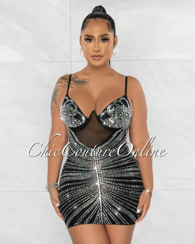 *Jennika Black Mesh Sheer Rhinestones Mini Dress sold by Chic Couture