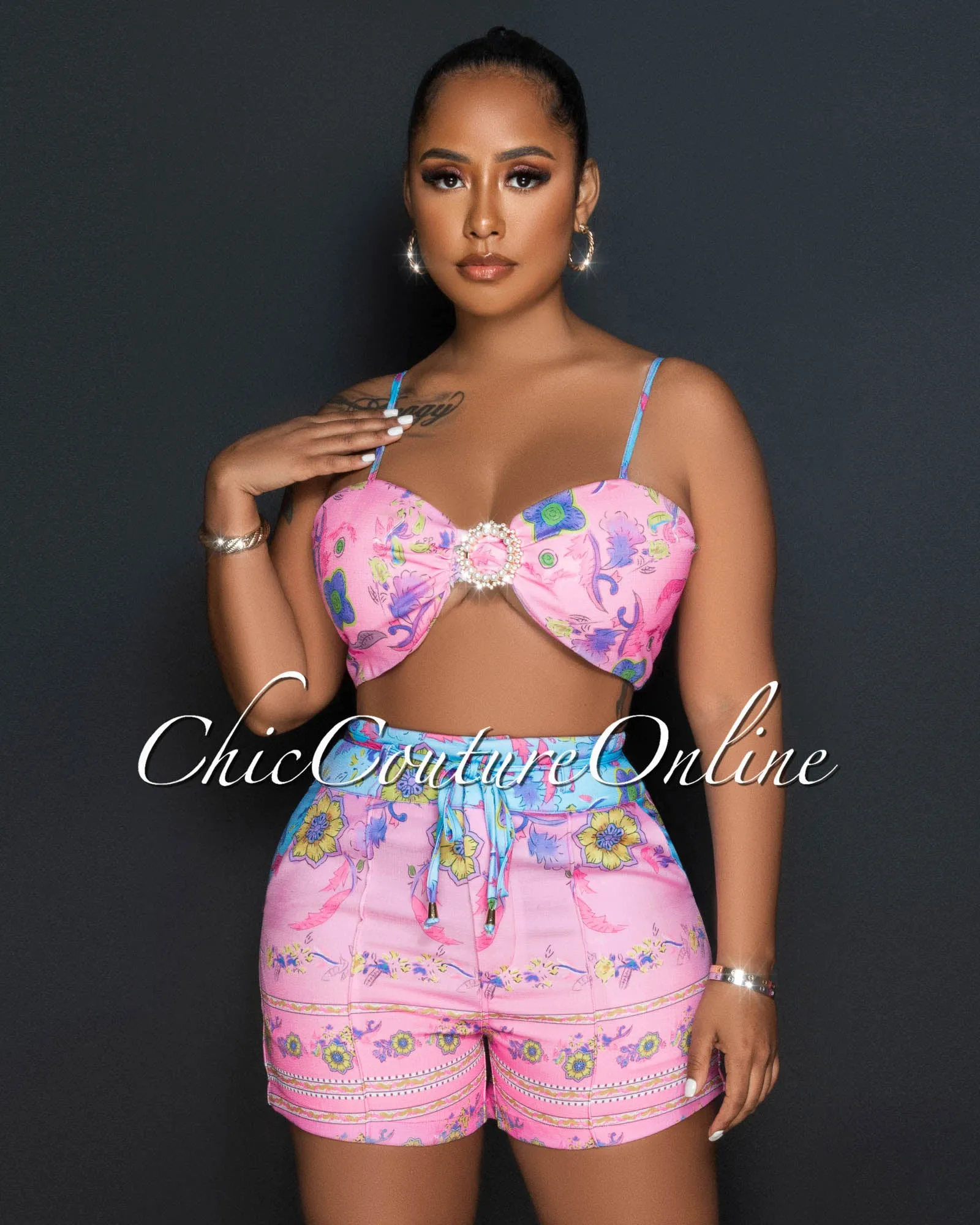 Hamar Pink Multi-Color Print Crop Top & Shorts Set sold by Chic Couture product image thumbnail 3