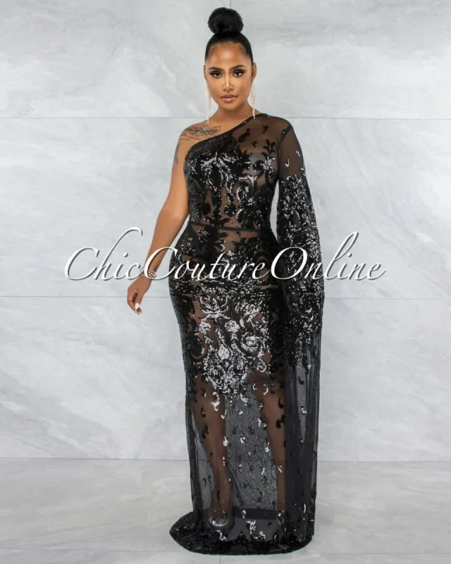 *Guida Black Sequins Sheer Single Long Sleeve Dress sold by Chic Couture