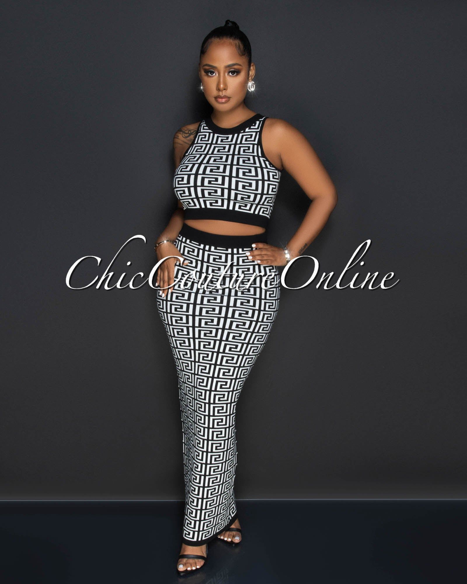 Bravo Black White Fret Print Crop Top & Maxi Skirt Knit Set sold by Chic Couture