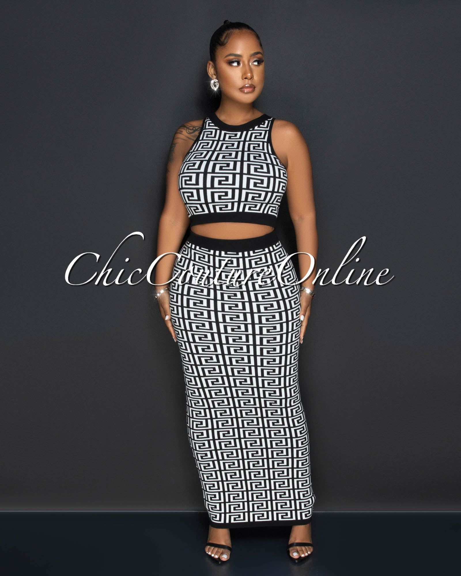 Bravo Black White Fret Print Crop Top & Maxi Skirt Knit Set sold by Chic Couture product image thumbnail 2