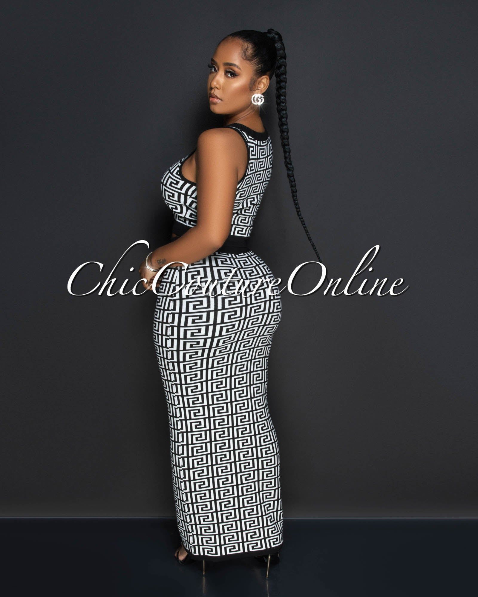Bravo Black White Fret Print Crop Top & Maxi Skirt Knit Set sold by Chic Couture product image thumbnail 3