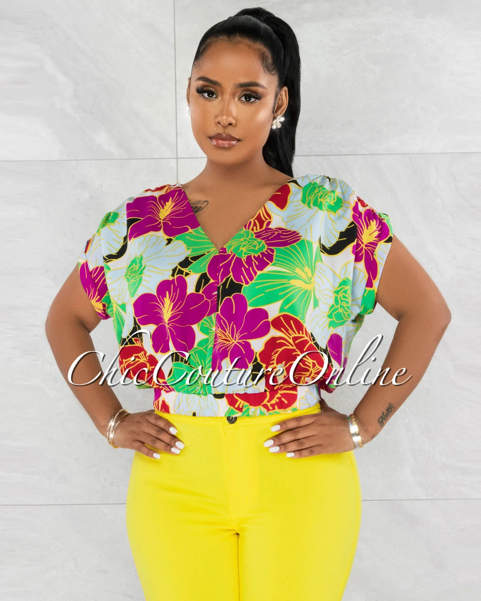 *Charly Multi-Color Print V-Neck Crop Top sold by Chic Couture