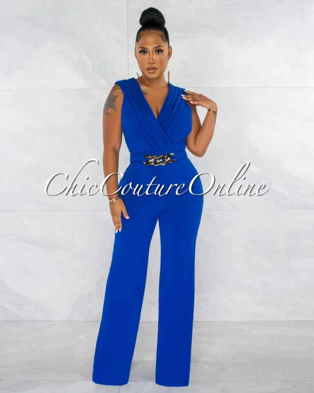 *Aimee Royal Blue Pleated Bust Gold Link Jumpsuit sold by Chic Couture