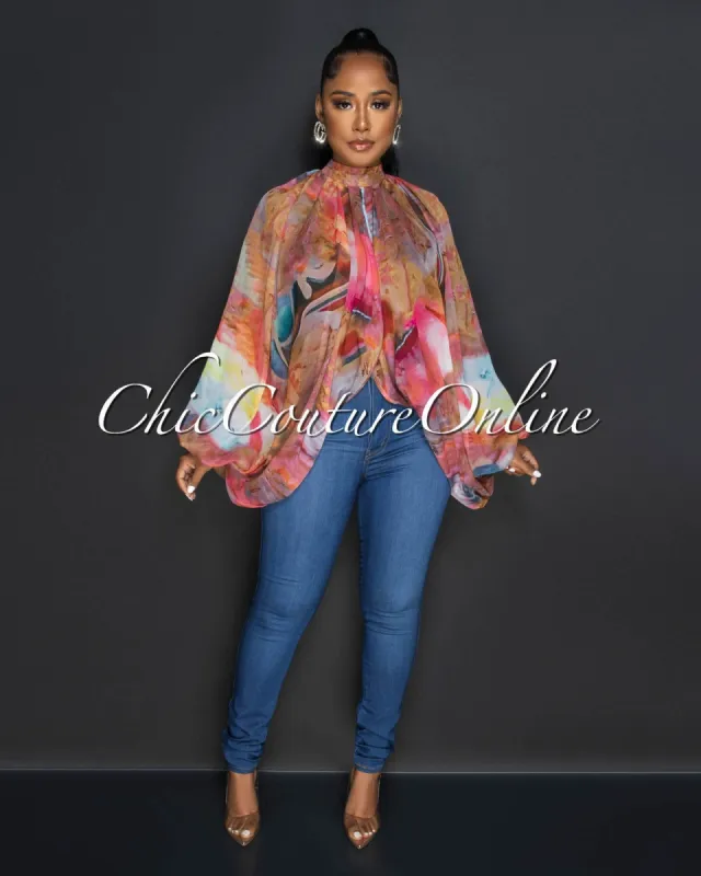 Ella Brown Multi-Color Print Sheer Flowy Top sold by chic