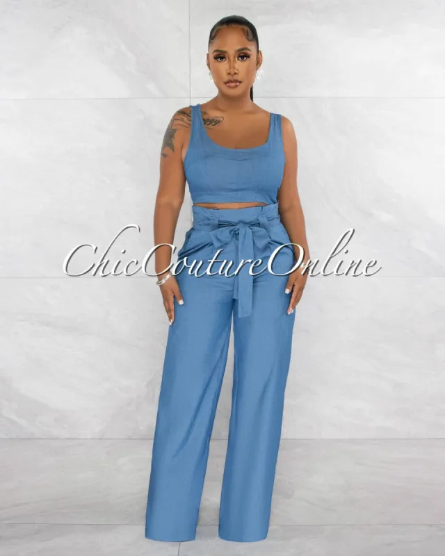 Lutz Blue Crop Top & Wide Pants Chambray Set sold by chic