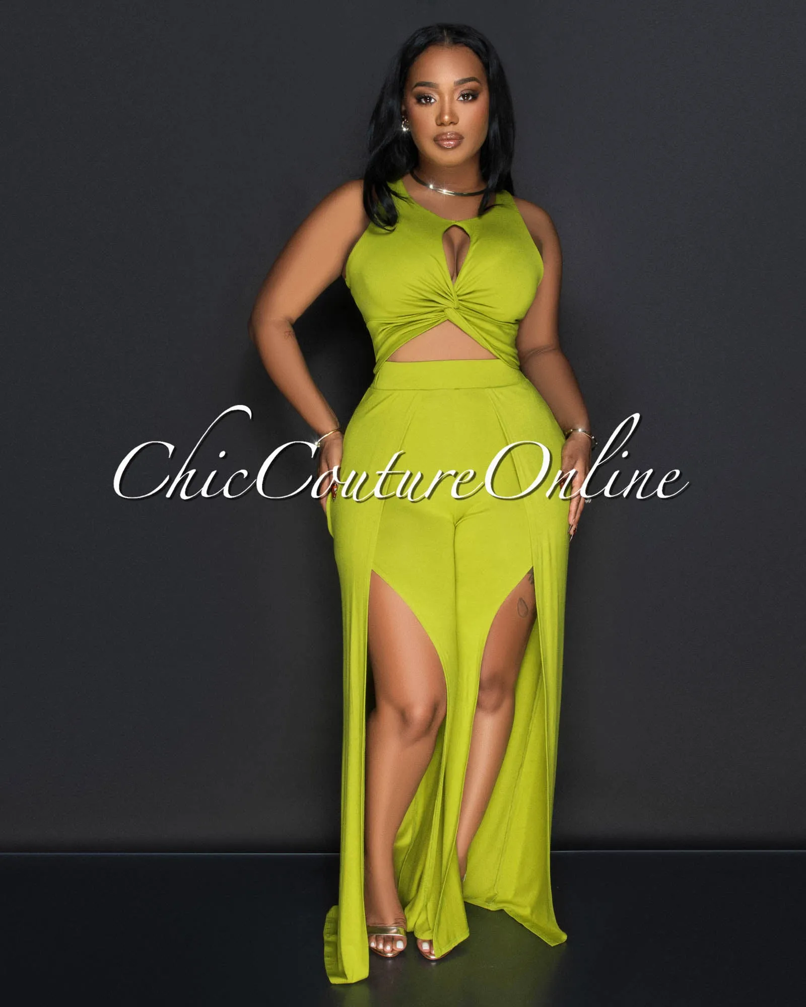 Nidaya Lime Green Twist Crop Top & Slit Wide Pants Set sold by Chic Couture product image thumbnail 2
