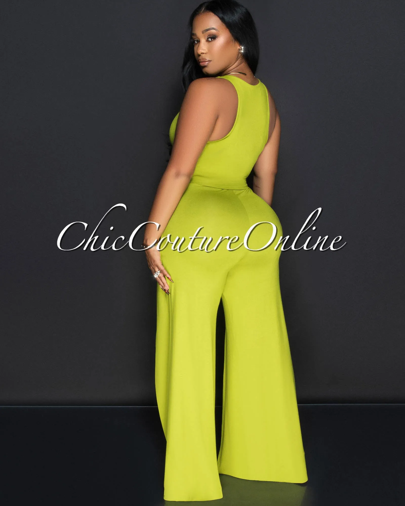 Nidaya Lime Green Twist Crop Top & Slit Wide Pants Set sold by Chic Couture product image thumbnail 3