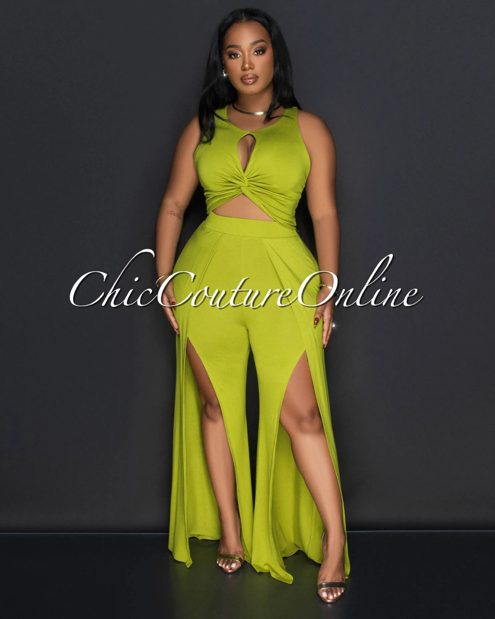 Nidaya Lime Green Twist Crop Top & Slit Wide Pants Set sold by Chic Couture