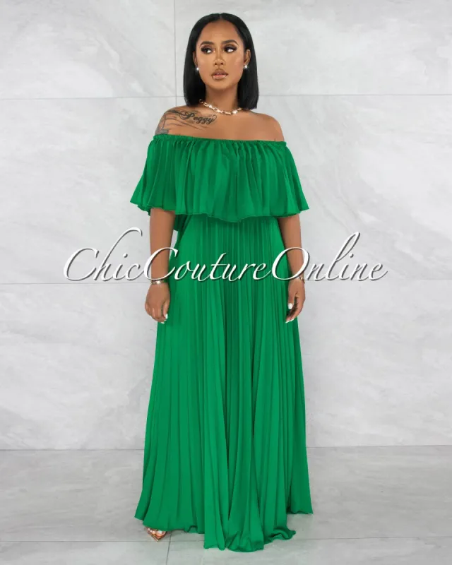 Morella Green Off-The Shoulders Ruffle Pleated Maxi Dress sold by chic