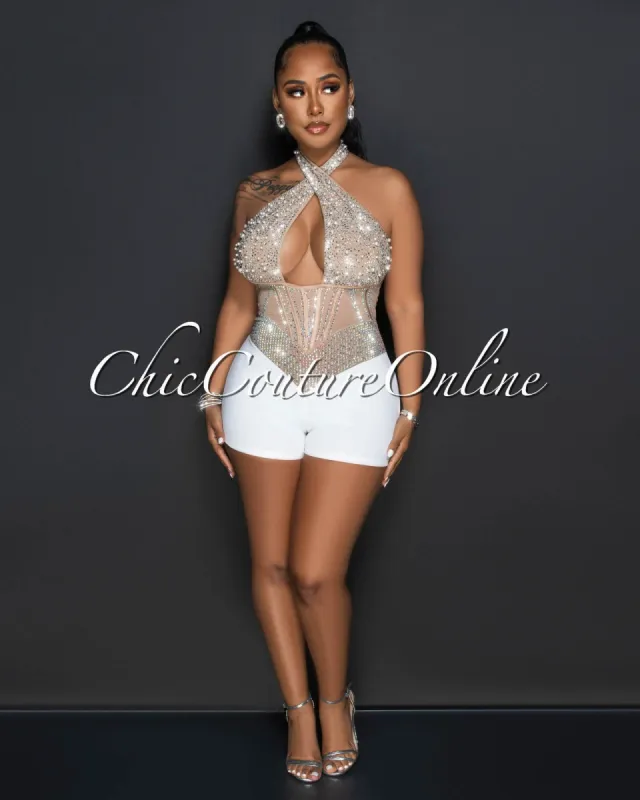 Gregor Nude White Mesh Iridescent Rhinestones Halter Romper sold by Chic Couture