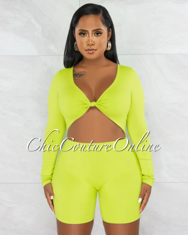 *Ligia Lime Green Front Knot Cut-Out Double Lined Romper sold by Chic Couture