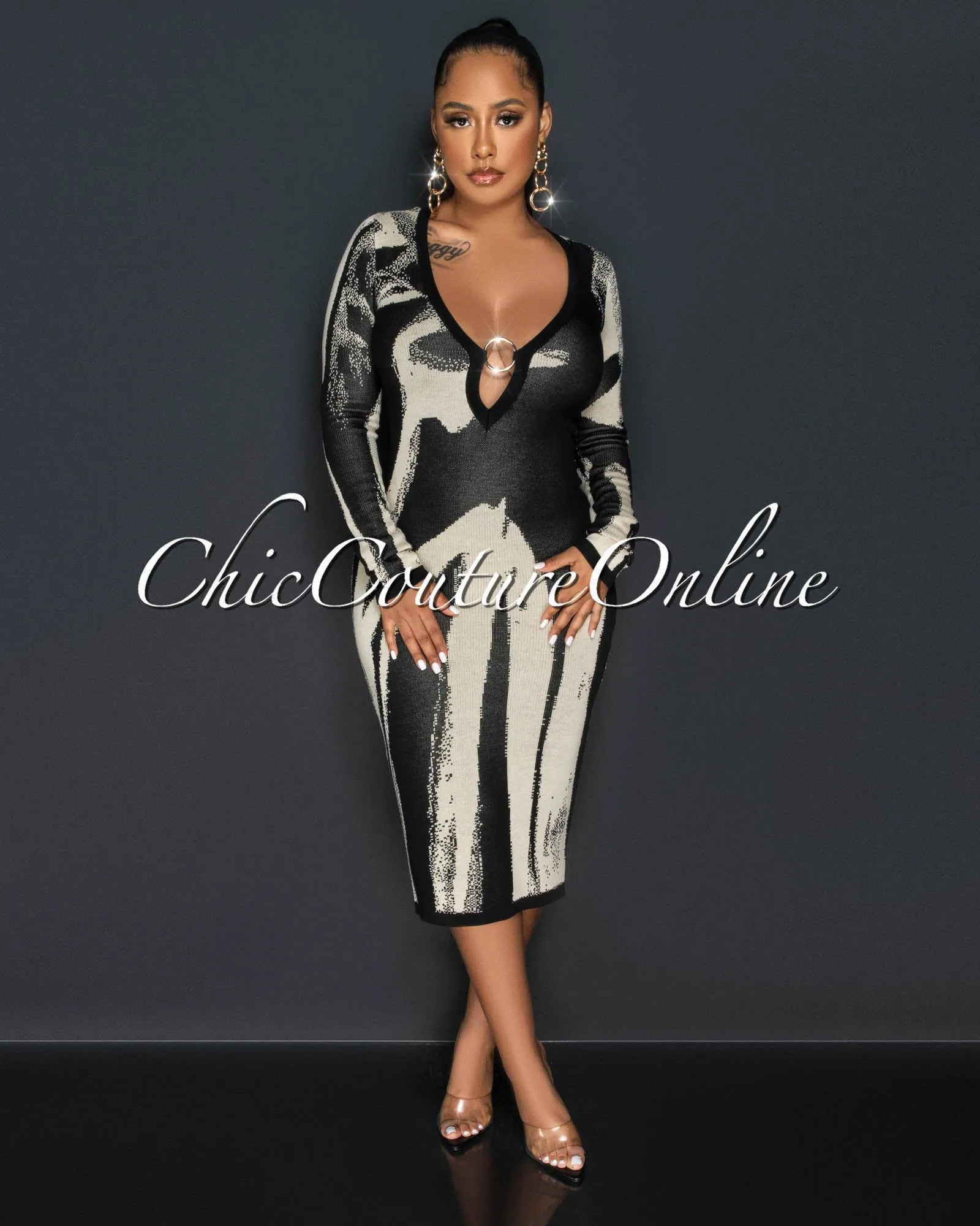 *Lieve Nude Black Print Deep V "O" Ring Knit Midi Dress sold by Chic Couture product image thumbnail 2