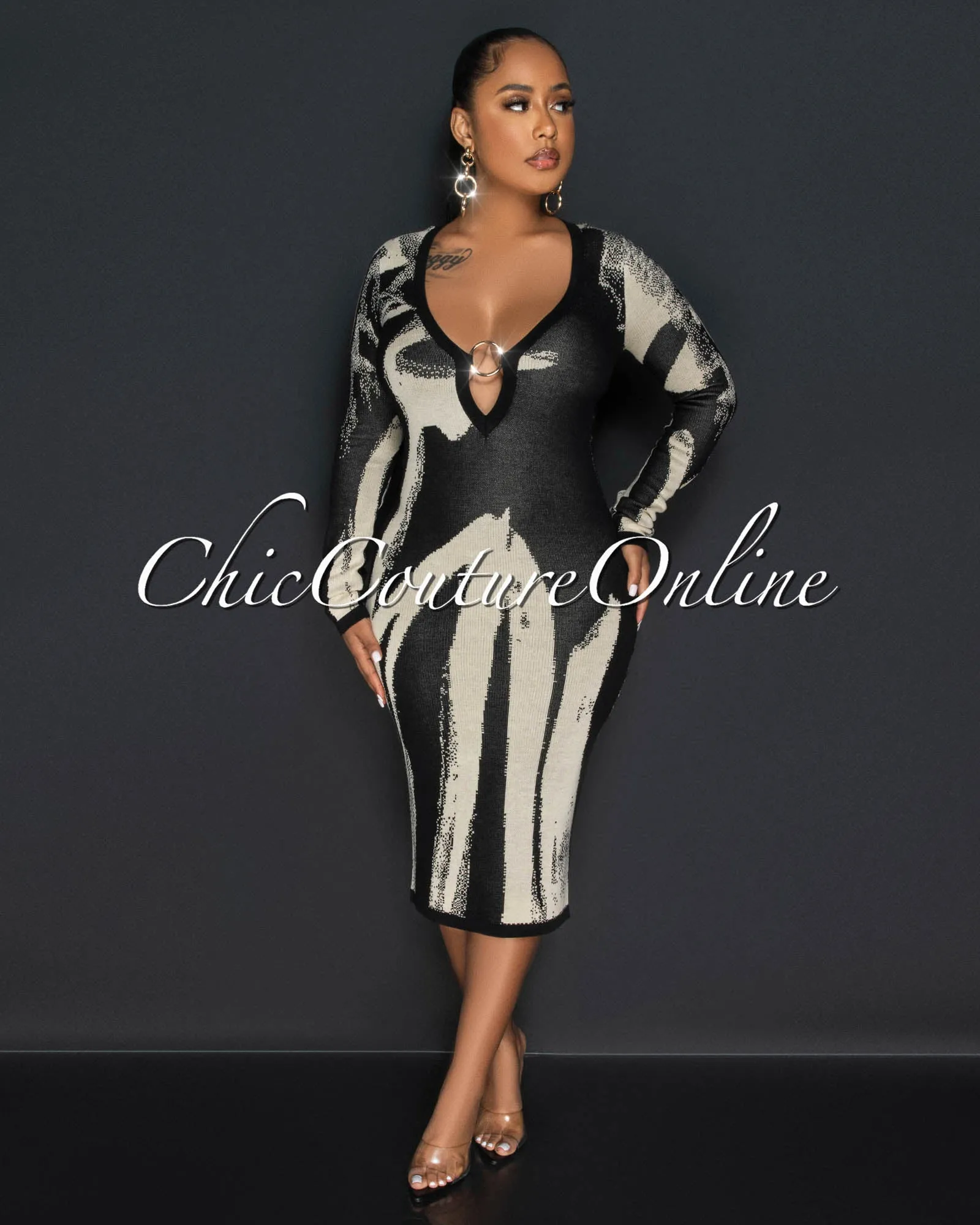 *Lieve Nude Black Print Deep V "O" Ring Knit Midi Dress sold by Chic Couture product image thumbnail 3