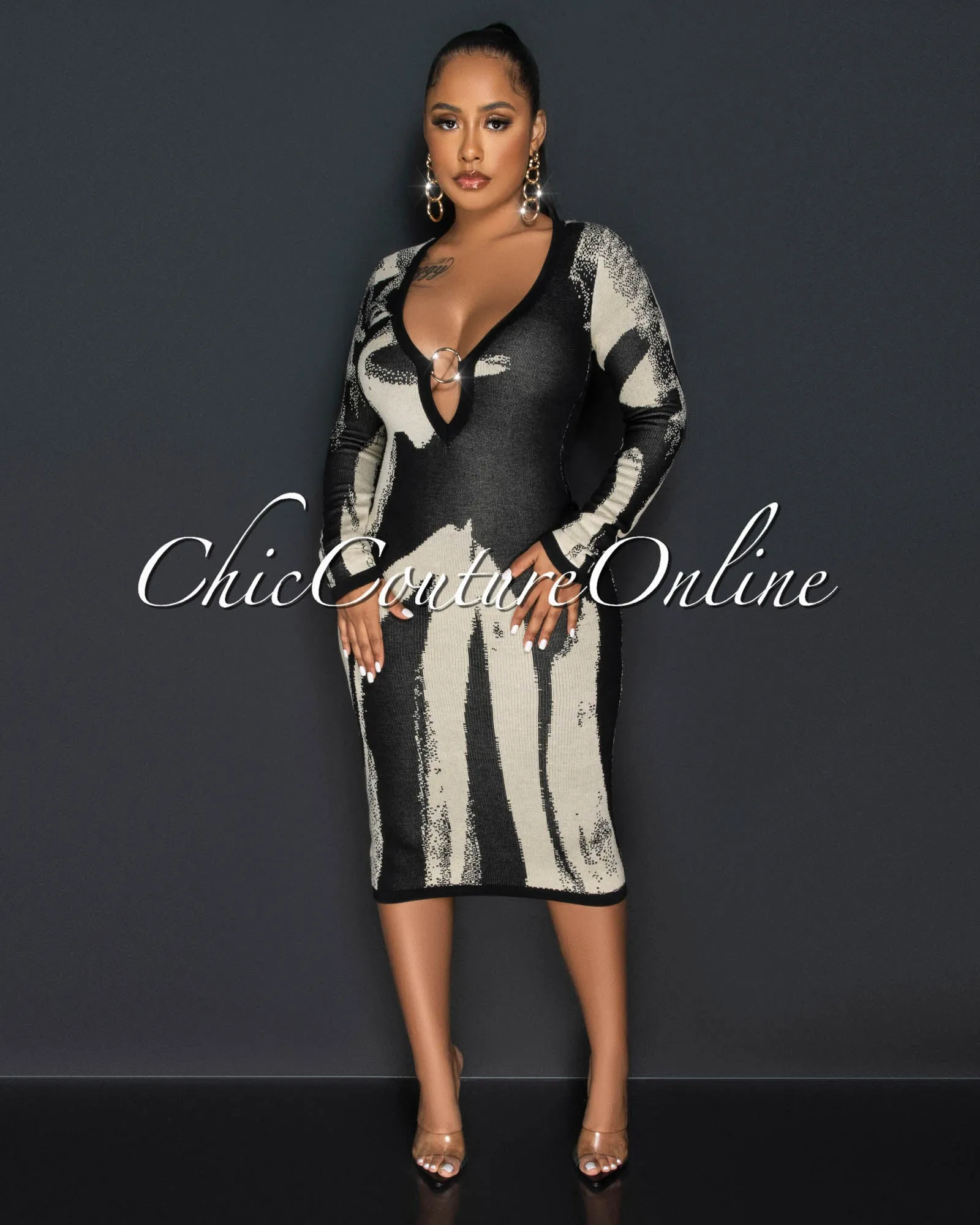 *Lieve Nude Black Print Deep V "O" Ring Knit Midi Dress sold by Chic Couture