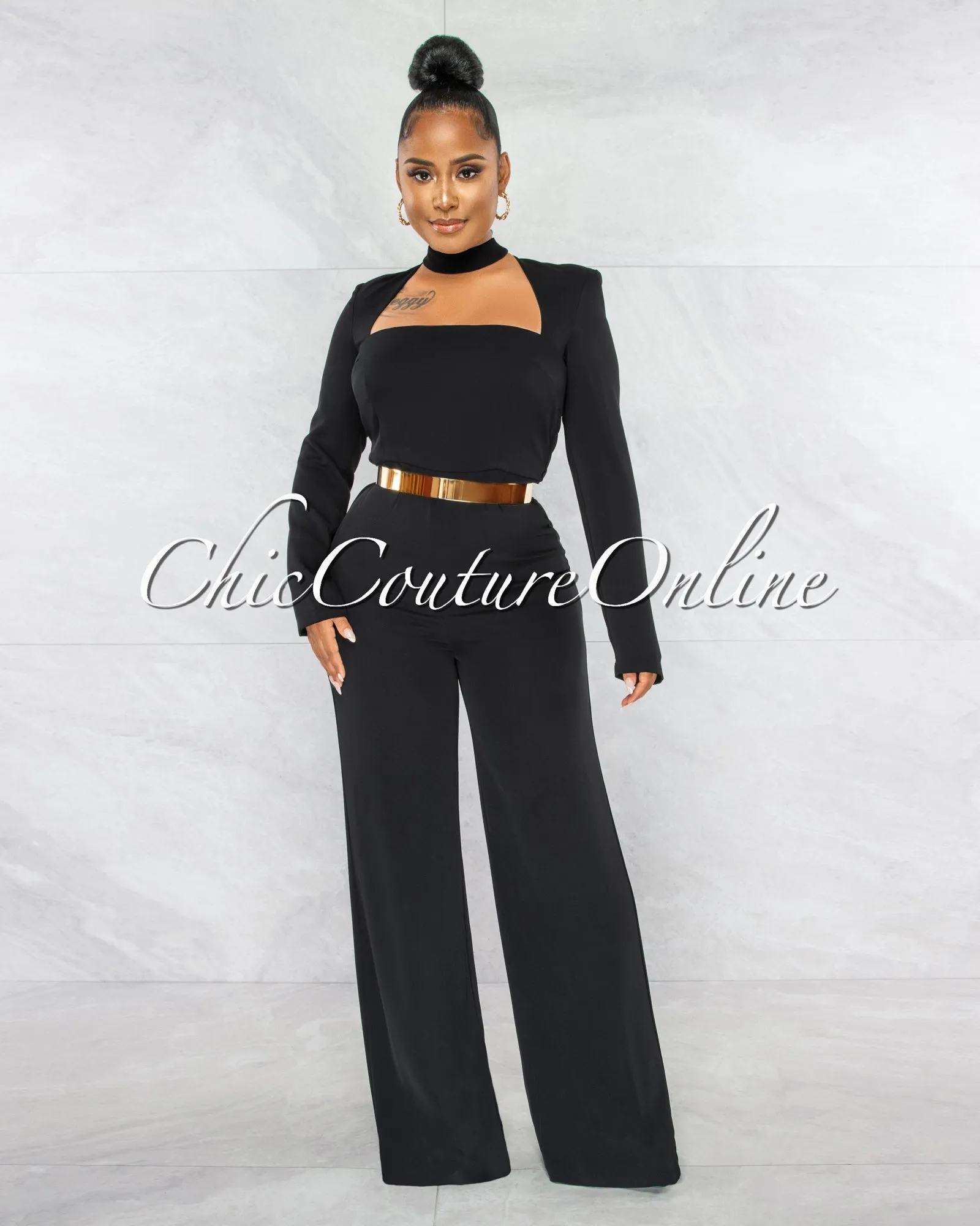 *Gianna Black Padded Shoulders Gold Belt Luxe Jumpsuit sold by Chic Couture product image thumbnail 2