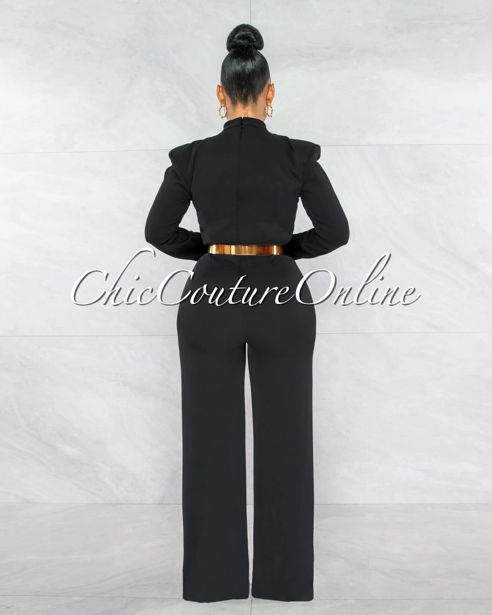 *Gianna Black Padded Shoulders Gold Belt Luxe Jumpsuit sold by Chic Couture product image thumbnail 3