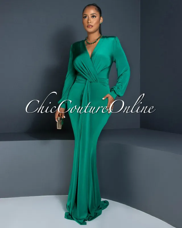 *Martina Green Plunging Neckline Draped Maxi Dress sold by Chic Couture