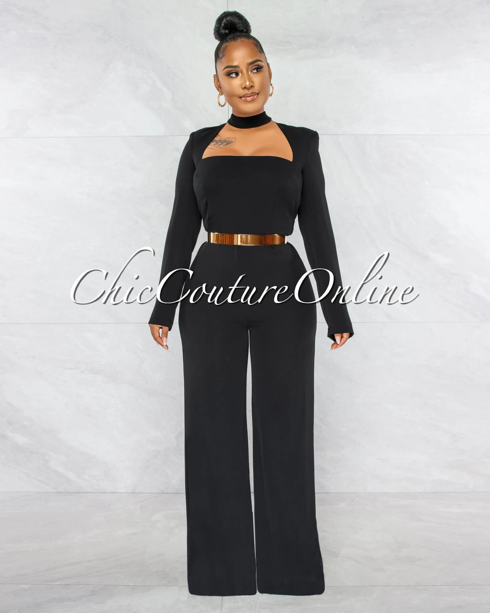*Gianna Black Padded Shoulders Gold Belt Luxe Jumpsuit sold by Chic Couture