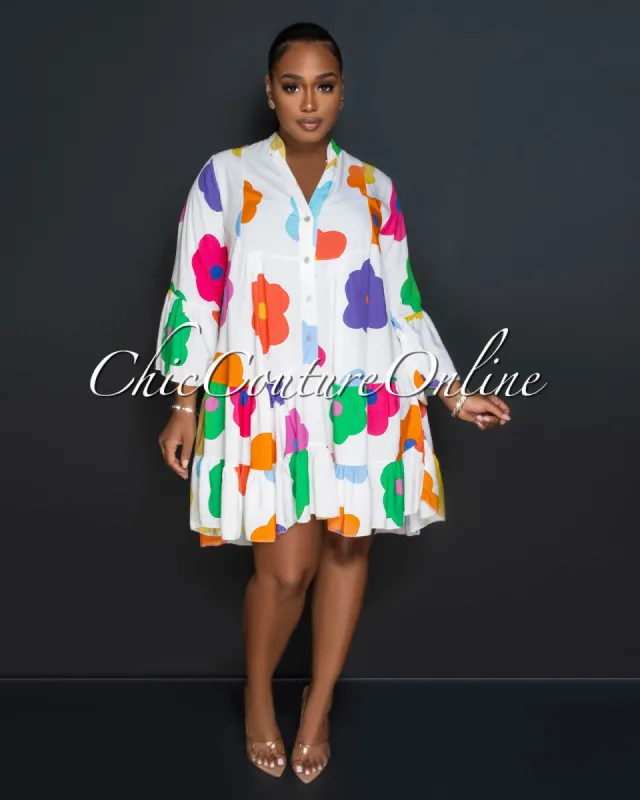Charlene White Multi-Color Floral Print Shirt Dress sold by Chic Couture