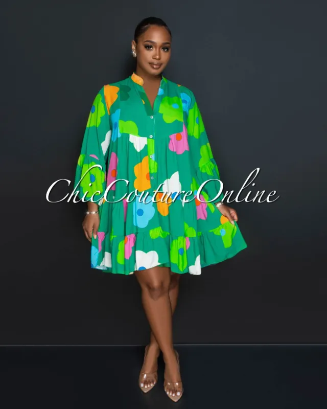 Charlene Green Multi-Color Floral Print Shirt Dress sold by chic