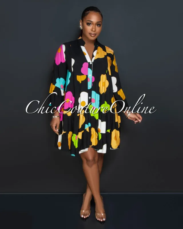 Charlene Black Multi-Color Floral Print Shirt Dress sold by Chic Couture