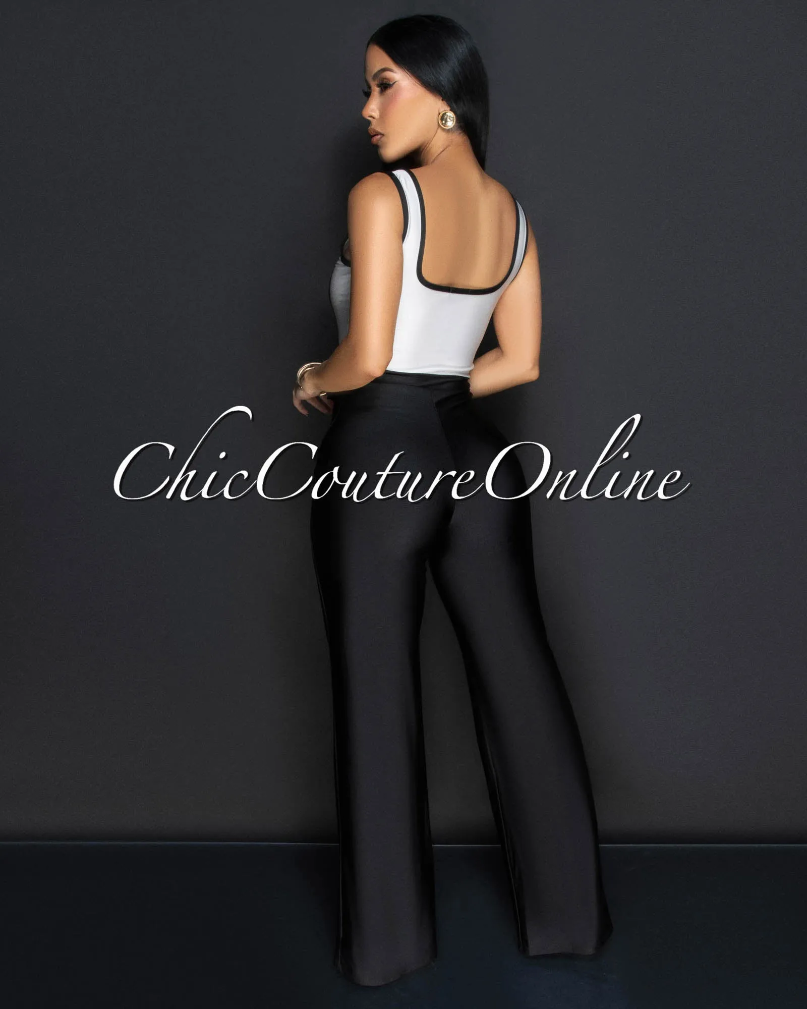 Rolana Black White Gold Buttons Wide Legs Jumpsuit sold by Chic Couture product image thumbnail 3