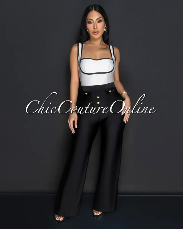 Rolana Black White Gold Buttons Wide Legs Jumpsuit sold by Chic Couture