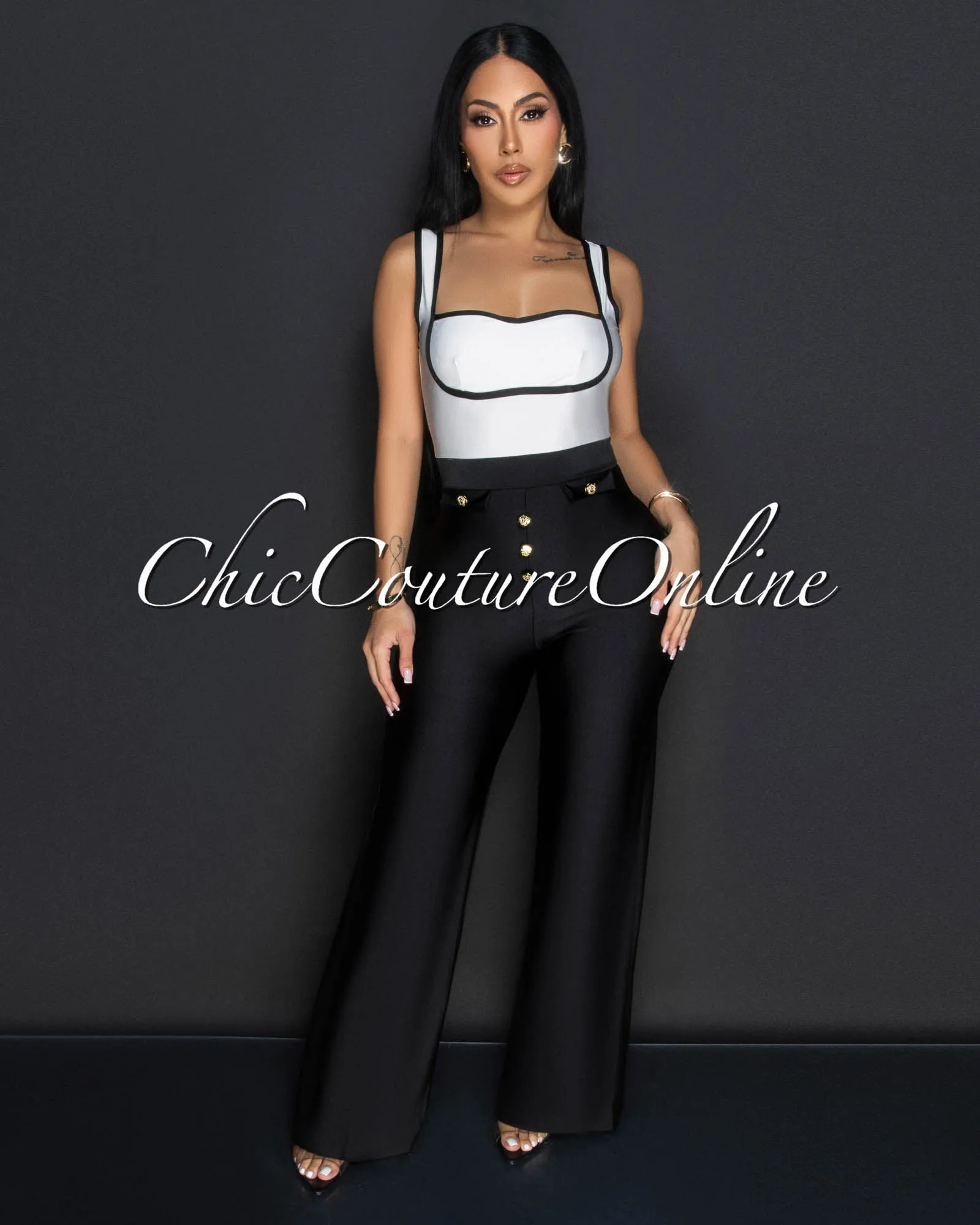 Rolana Black White Gold Buttons Wide Legs Jumpsuit sold by Chic Couture