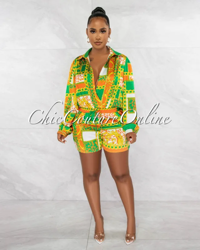 *Teranya Orange Green Print Deep V-Neck Romper sold by Chic Couture