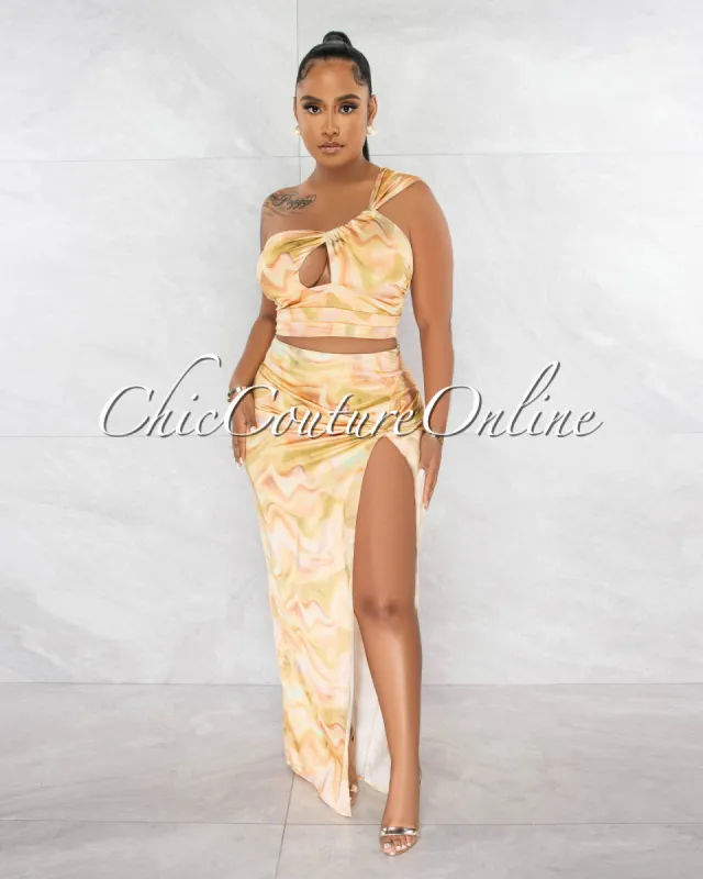 *Lilith Yellow Print Top & Knot Midi Skirt Silky Set sold by Chic Couture