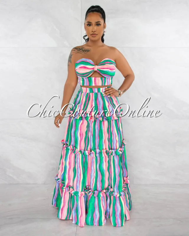 *Ruhl Pink Green Print Crop Top & Ruffle Maxi Skirt Set sold by Chic Couture