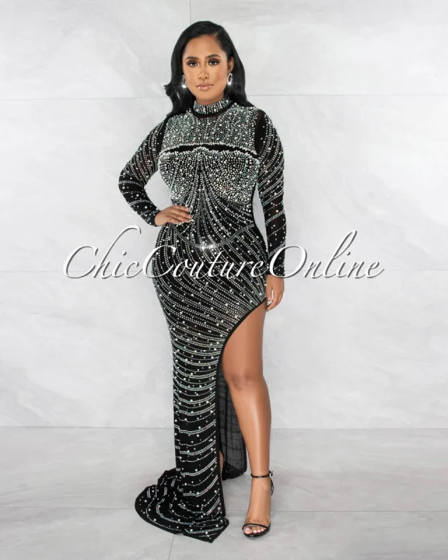 *Dandre Black Rhinestones & Pearls Mesh Long Sleeves Maxi Dress sold by Chic Couture