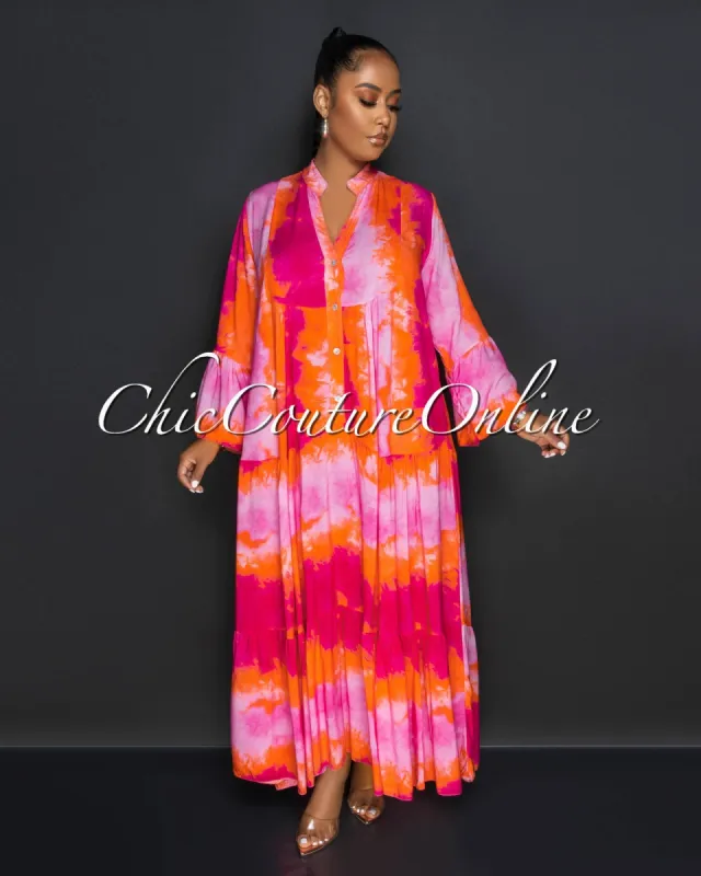Frances Fuchsia Orange Ruffle Hem Maxi Dress sold by Chic Couture