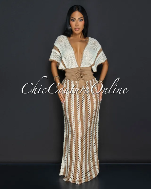 Abani Brown Nude Crop Top & Maxi Skirt Crochet Set sold by Chic Couture