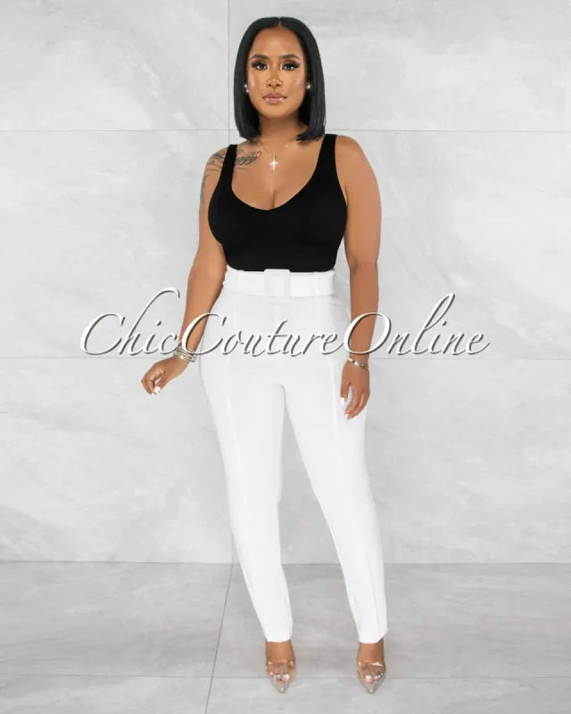 *Danna Off-White High-Waist Belt Pants sold by Chic Couture