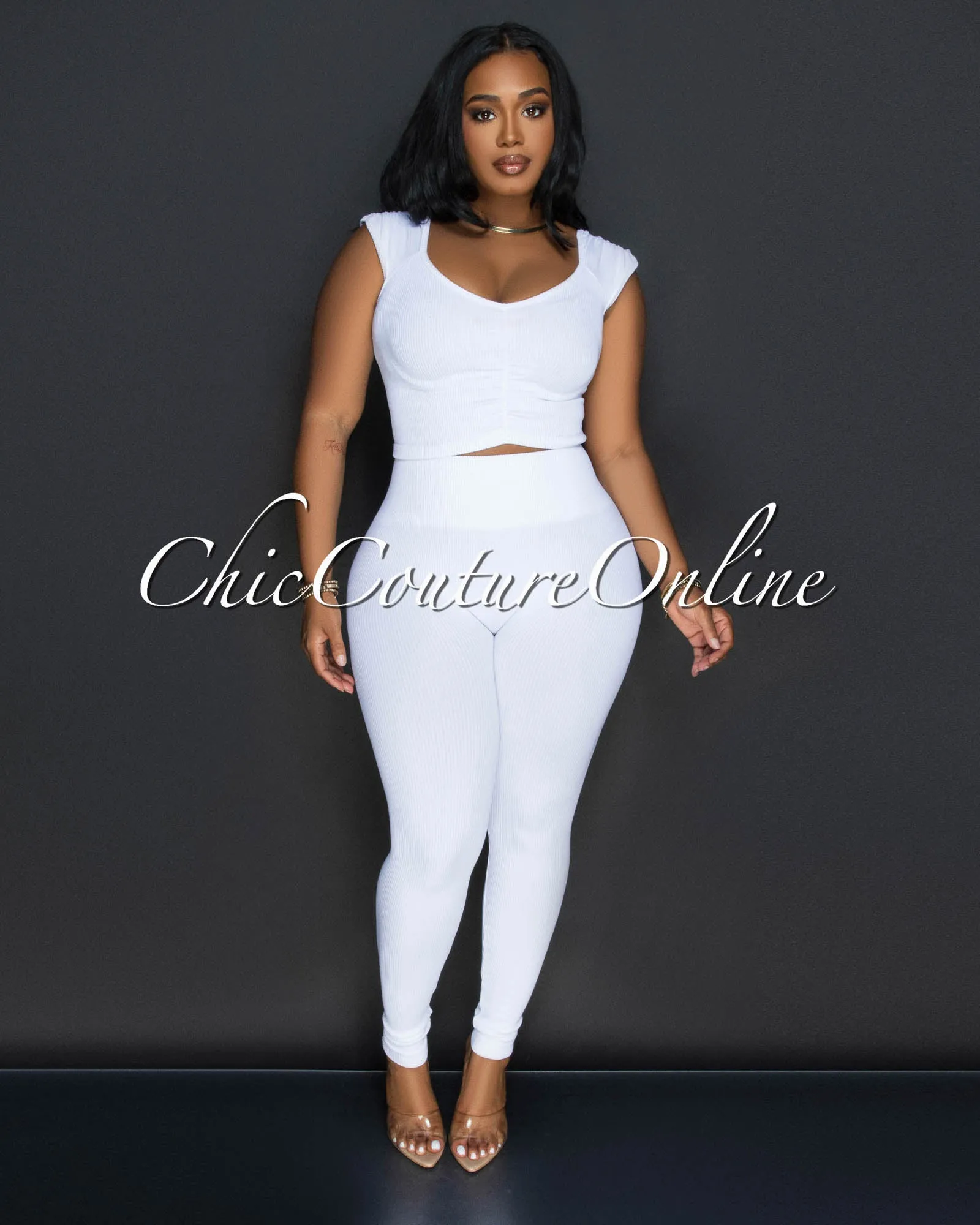 Benice White Crop Top & Leggings Ribbed Sculpting Set sold by Chic Couture product image thumbnail 3