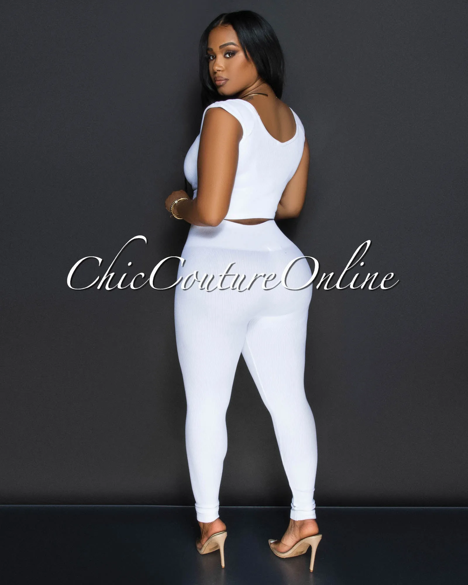 Benice White Crop Top & Leggings Ribbed Sculpting Set sold by Chic Couture product image thumbnail 4