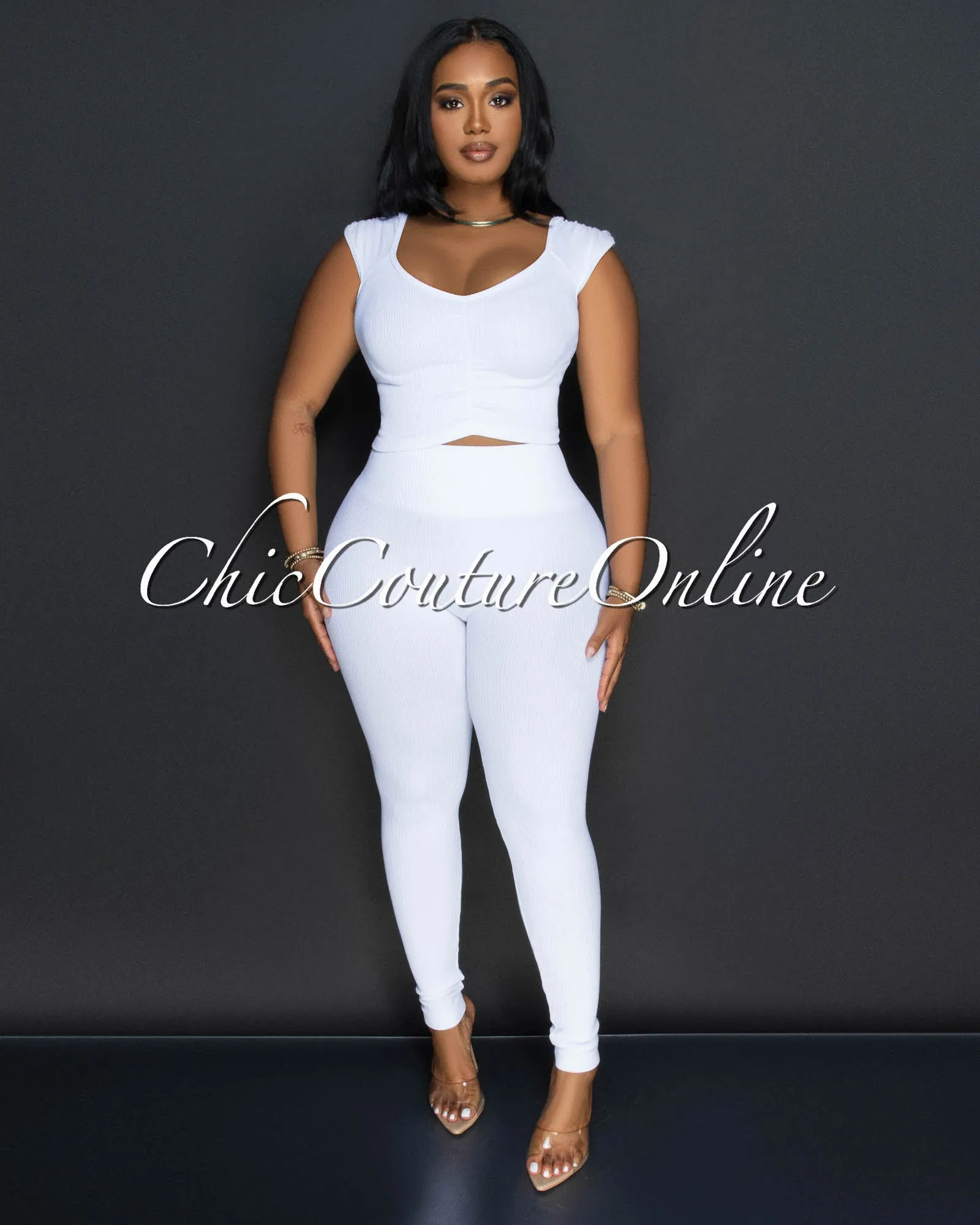 Benice White Crop Top & Leggings Ribbed Sculpting Set sold by Chic Couture product image thumbnail 2